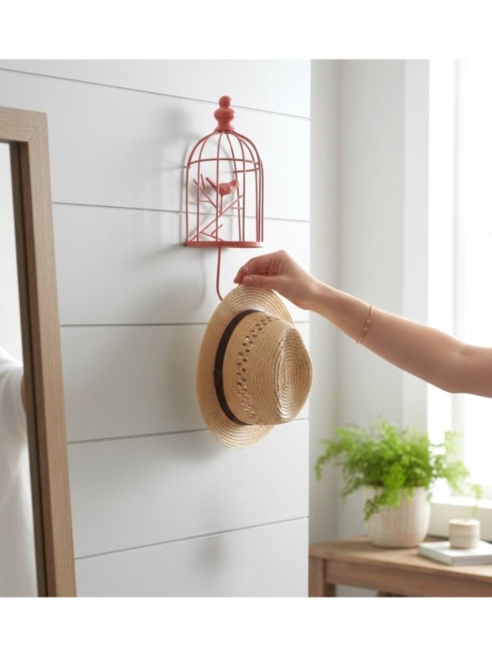 Decorative Red Birdcage Wall Hook With Bird Design For Hats & Accessories
